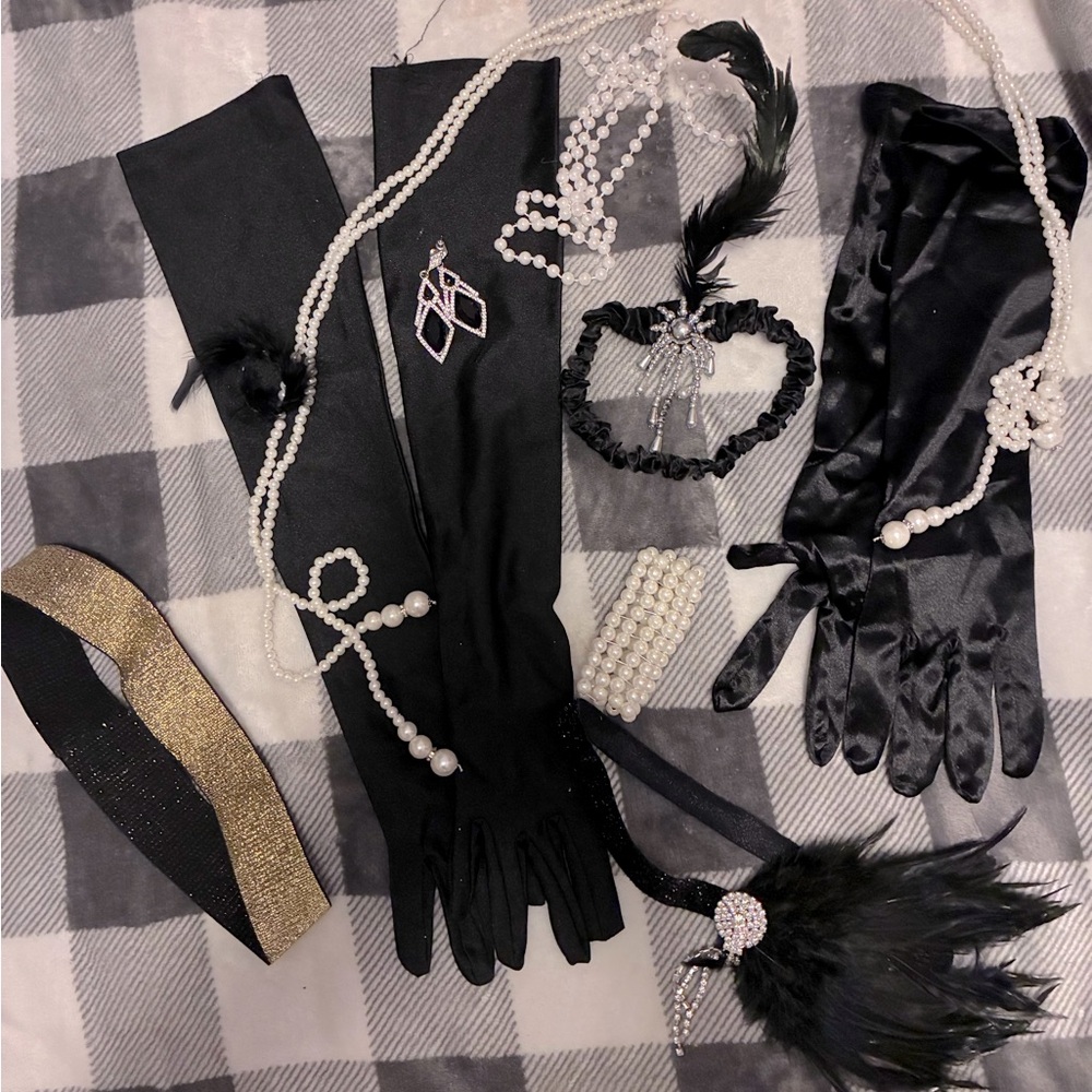 Elegant Black Satin Gloves with Gold and Pearl Accents
